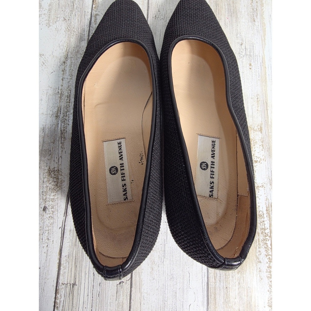 Saks Fifth Avenue Black Mesh Square Toe Low Block Heel Pumps Made in Italy - Picture 9 of 10
